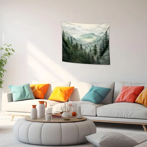Miniatura 3 de QGHOT Tapiz de bosque brumoso, tapiz de montaña natural para colgar en la pared, paisaje de acuarela verde salvia, arte de pared para dormitorio
