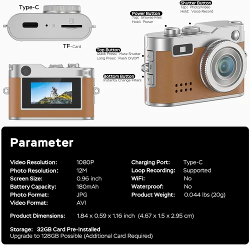 Miniatura 7 de Mini cámara retro con video de 1080P, fotos de 12 MP, cámara digital con llavero, cámara pequeña ultracompacta con tarjeta SD de 32 GB, adaptador