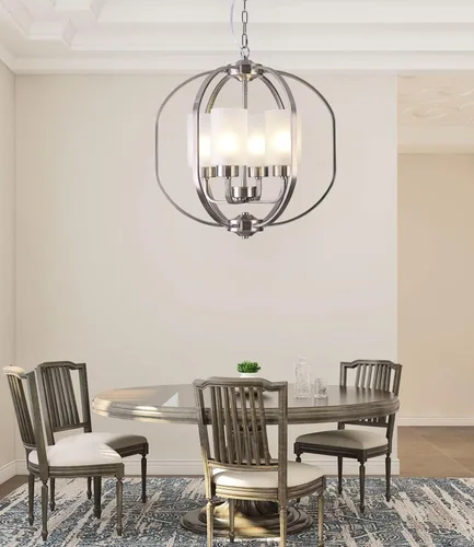 BOZO Candelabro de globo de níquel cepillado de 20 pulgadas, lámpara colgante moderna de 4 luces para comedor y vestíbulo con pantallas de vidrio