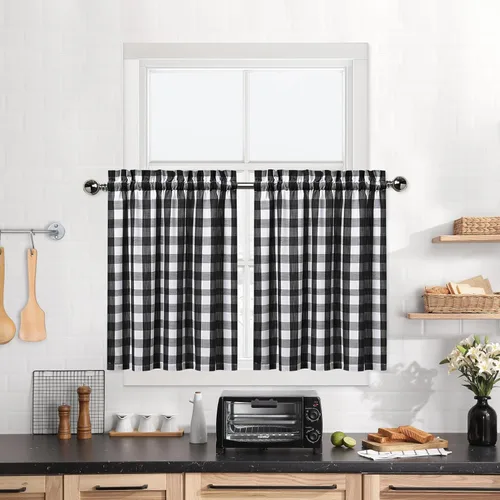 Miniatura 35 de Cortinas de Cocina Estilo Granja de Cuadros Vichy Blanco y Negro de 24 Pulgadas de Largo, Cortinas de Café de Media Ventana de Cuadros Buffalo