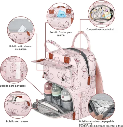 Miniatura 4 de Legestori Mochila Bolsa de Pañales, Bolsa de Pañales para Bebé Niña con Bolsillos Aislados y Correas para Cochecito, Rosa, Grande, Mochila