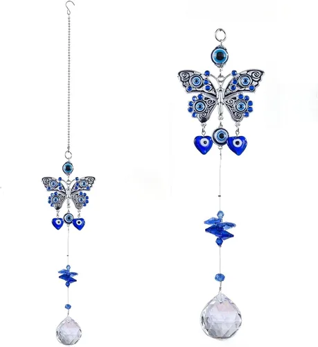 Miniatura 13 de Colgante de cristal azul con dije de ojo malvado, mariposa, ángel, girasol, talismán, atrapa el sol, hecho a mano, dije de buena suerte, oficina