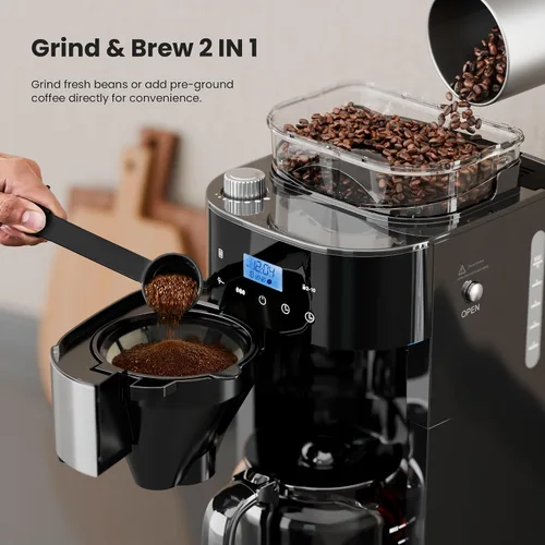 Miniatura 2 de Electactic Cafetera de goteo de 10 tazas con molinillo integrado, moler y preparar programable, máquinas de café con pantalla táctil LED