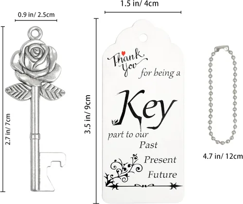 Miniatura 2 de Aokbean 100 llaves en forma de flor de rosa, regalo de boda para invitados, abrebotellas de esqueleto a granel con tarjeta y cadena para decoración