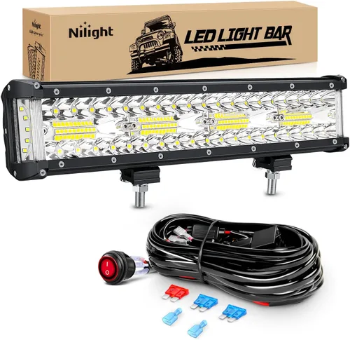 Miniatura 9 de Nilight Juego de barra de luz LED, 300 W, 300 W, triple fila de inundación de foco de trabajo, 2 piezas de 4 pulgadas 60 W triple fila LED con arnés