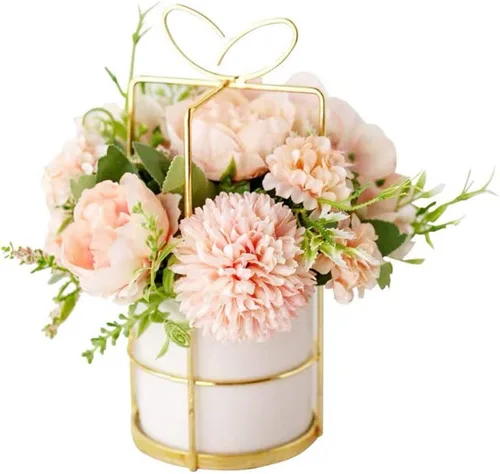 KIRIFLY Flores artificiales falsas en jarrón, peonía sintética, hortensias de seda, centros de mesa para decoración de mesa de boda (rosa en dorado)