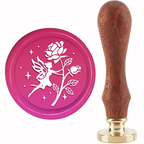 CRASPIRE Sello de cera de hada, diseño de rosa, vintage, diseño de estrella, 1.181 in, cabeza de latón extraíble de madera retro para invitaciones