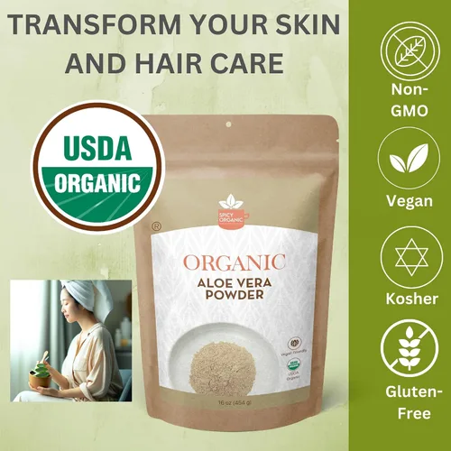 Miniatura 5 de Aloe Vera en polvo orgánico para piel y cabello – 16 onzas – Aloe Barbadensis – Mascarilla nutritiva para belleza natural, certificado por USDA