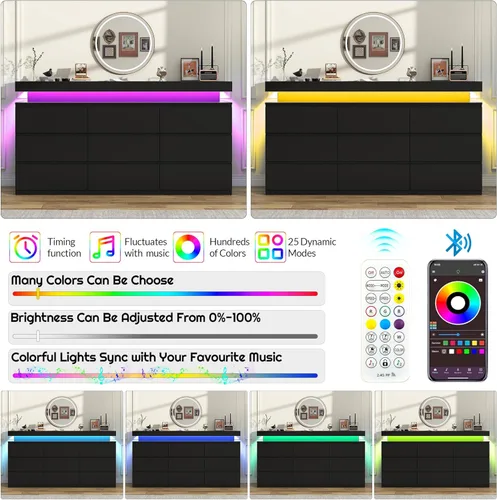 Miniatura 6 de chartustriable Cómoda de 9 cajones con luz LED, cómoda moderna para armario, gabinete organizador de cajones de 63 pulgadas de ancho