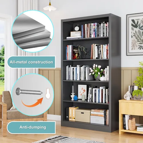 Miniatura 5 de OSEILLC Librero, Estantería de 5 niveles en negro, estantería metálica independiente de 55" de altura con estantes de almacenamiento ajustables
