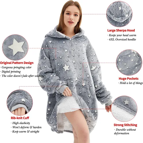 Miniatura 4 de Manta con capucha de gran tamaño, que brilla en la oscuridad, suave felpa cálida, sudadera con capucha para adultos, mujeres y hombres