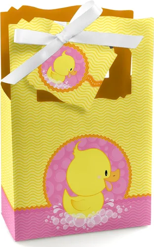 Big Dot of Happiness Pink Ducky Duck - Juego de 12 cajas de regalo para baby shower o fiesta de cumpleaños
