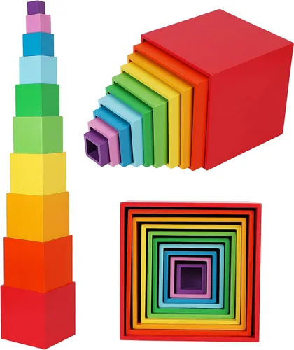 Miniatura 8 de Cajas de apilamiento de madera TOWO - Tazas anidadas y de clasificación con números, alfabeto, animales y bloques para niños pequeños - Cubos