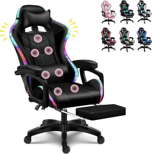Silla LED para videojuegos, silla de juegos para computadora con altavoces Bluetooth y luces RGB, masajeador completo, silla giratoria reclinable,