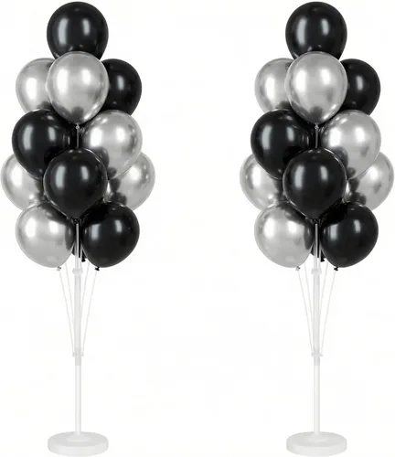 Miniatura 15 de Kit de columna de globos para piso: juego de 2 soportes para globos, con globos cromados metálicos negros y dorados, base y poste, decoración