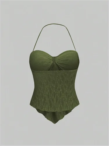 Miniatura 2 de SHENHE Top halter de encaje para mujer, nudo frontal, espalda descubierta, asimétrica, Y2k, coqueta, sin espalda, para salir