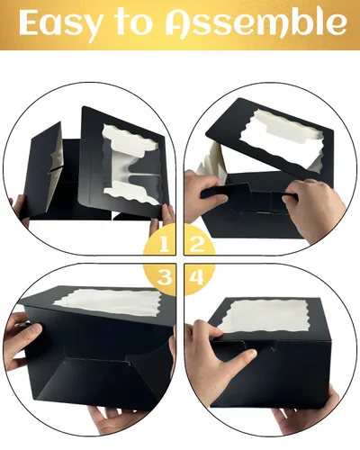 Miniatura 4 de qiqee 10x10x5 Caja para pasteles, 18 juegos de cajas para pasteles negras con ventana y 18 juegos de bases redondas negras de 10 pulgadas
