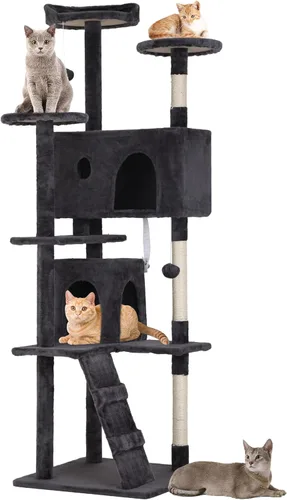 Miniatura 10 de Árbol para gatos resistente con torre de 70 pulgadas de alto, 3 perchas y 2 condominios acogedores, poste de sisal y escaleras para gatos grandes