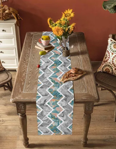 Miniatura 5 de Zigzi - Bufandas de mesa azules, textura de mármol a rayas grises de Zigzi, camino de mesa de comedor, decoración de mesa rectangular lavable