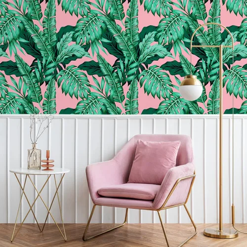 Miniatura 4 de VEELIKE Papel tapiz tropical rosa de 17.7 x 118 pulgadas, despegar y pegar, hojas de palmera exóticas, papel tapiz autoadhesivo de color rosa, papel