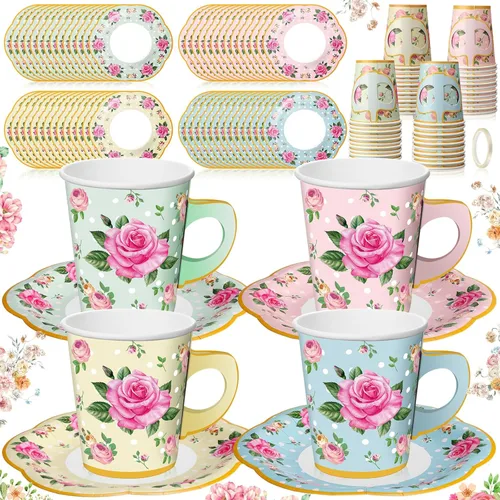 Miniatura 8 de Umigy 60 juegos de decoraciones para fiestas de té, 6.5 onzas, tazas de té de papel floral de hadas con asa y platos, juegos de tazas de té y Azul