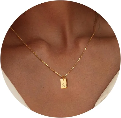 Poxtex Gold Initial Necklaces for Women Non Tarnish, 14K Gold Dainty Square Letter Pendant Necklace Waterproof A-Z Trendy Thin Chain Name Necklace