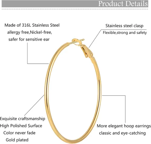 Miniatura 8 de Juego de 6 pares de aretes de aro chapados en oro de acero inoxidable para mujeres y niñas aros hipoalergénicos para mujer 304050in Acero inoxidable
