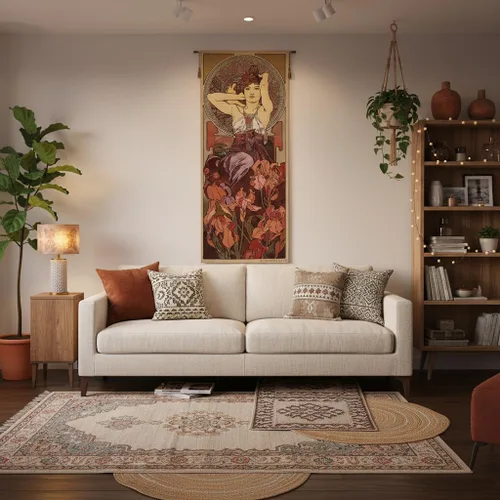 Miniatura 6 de Charlotte Home Furnishings Inc - Tapiz belga de primera calidad con piedra de amatista Mucha para colgar en la pared, 67 x 28 pulgadas, mezcla