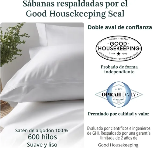 Miniatura 2 de California Design Den Juego de sábanas tamaño Queen, sábanas de lujo de satén de 600 hilos, 100% algodón con bolsillo profundo con elástico en todo