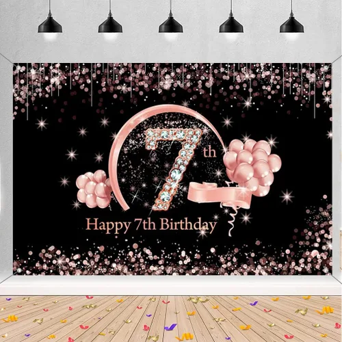 Cartel de tela para decoración de cumpleaños número 7 para niñas, cartel de tela para fiesta de cumpleaños de niña de 7 años, fondo de foto negro y
