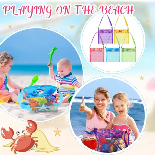 Miniatura 4 de Saintrygo 30 bolsas de playa de malla para niños, juguetes de arena, bolsas de conchas a granel coloridas con correa ajustable (estilo lindo)