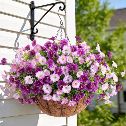 Miniatura 9 de Flores colgantes artificiales con cesta para exteriores, petunias sintéticas, plantas colgantes falsas con eucalipto, resistentes a los rayos UV
