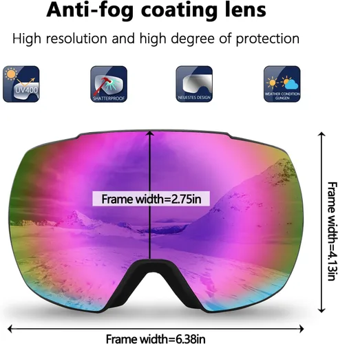 Miniatura 5 de OULAIQI Gafas de esquí de nieve, protección OTG UV400, anti niebla, esquí, patinaje, snowboard, gafas de snowboard para hombres, mujeres y jóvenes