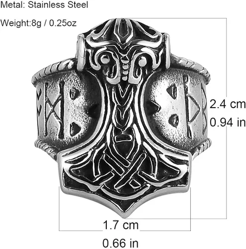 Miniatura 2 de HZMAN Anillo vikingo de acero inoxidable para hombre, símbolo de Odin, vikingos, martillo de Thor, joyería gótica de guerrero (tamaño, 7-14), Acero