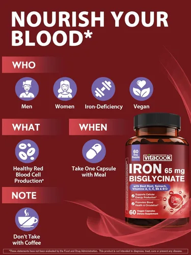 Miniatura 7 de Suplemento de hierro para mujeres y hombres, 65 mg de quelato de bisglicinato ferroso, hierro de liberación lenta con vitaminas A, C, E, B6, B12