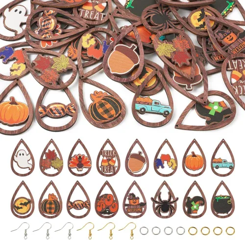 Miniatura 14 de Juego de 20 piezas de aretes de bola deportiva para fútbol, baloncesto, rugby, dijes de madera, 5 estilos, aretes de bola deportiva con ganchos