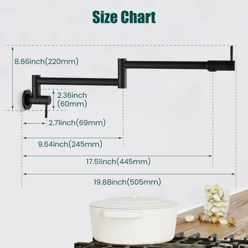 Miniatura 5 de Heyalan Pot Filler - Llenador de ollas de 19 pulgadas para montaje en pared, plegable, extensible, grifo de cocina y restaurante de acero Negro mate