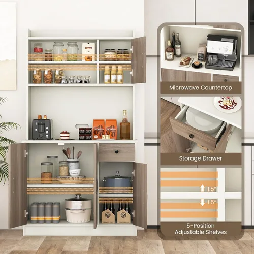 Miniatura 5 de COSTWAY Armario de almacenamiento de despensa de cocina, gabinete alto independiente de 71 pulgadas con estación de carga, soporte para microondas