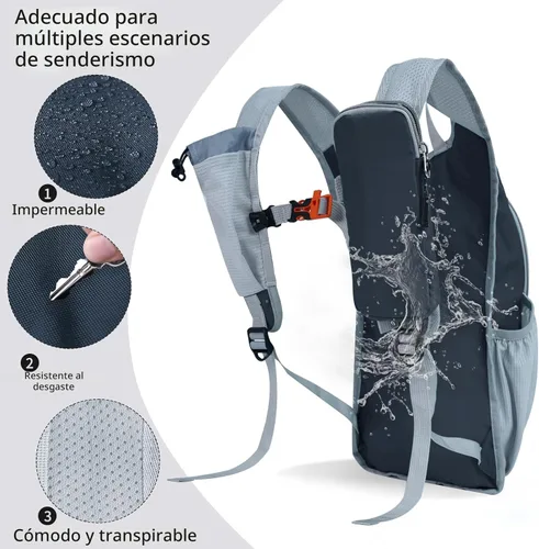 Miniatura 4 de Mochila de senderismo 10L/15L, pequeña mochila de día ligera, plegable, para viajes, resistente al agua, para mujeres y hombres (Gris, 10L)