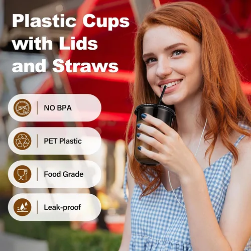Miniatura 7 de KesaPlan Paquete de 50 tazas de plástico negro de 16 onzas con tapas y pajitas, taza de café helado desechable con tapas, tazas de fondo redondo