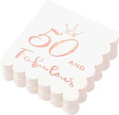 Servilletas de cóctel de 50 y fabulosas color oro rosa, decoraciones de cumpleaños número 50 para mujer, servilletas desechables plegadas de 5 x 5
