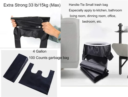 Miniatura 5 de YYaaloa 100 bolsas de basura negras con asas – Bolsas de basura de plástico supergruesas de 1.8 mil de 14 x 22 pulgadas para oficina, picnic
