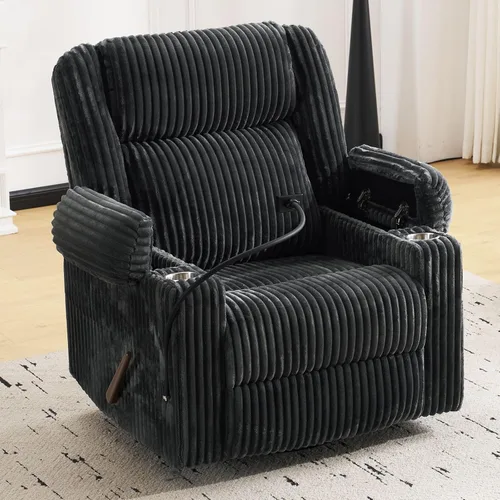 Miniatura 12 de Silla reclinable eléctrica de gran tamaño con masaje y calor, silla reclinable giratoria para adultos con almacenamiento de brazos, sillón Gris