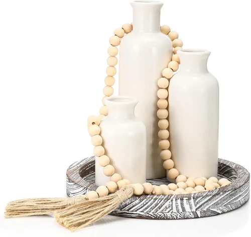 Miniatura 16 de Juego de 5 piezas de centros de mesa rústicos de mesa, juego de 3 jarrones de cerámica boho con bandeja de madera para servir cuentas de madera