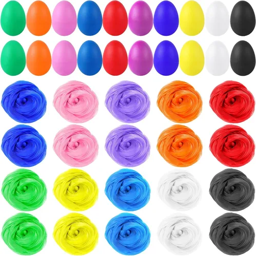 Augshy 20 pompones de huevos con instrumentos musicales, huevos de Maracas, 20 bufandas de baile para niños y niñas