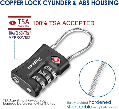 Miniatura 2 de Paquete de 2 cerraduras de equipaje aprobadas por la TSA, candado de combinación de cable de viaje, cerradura impermeable de 3 dígitos, cerradura