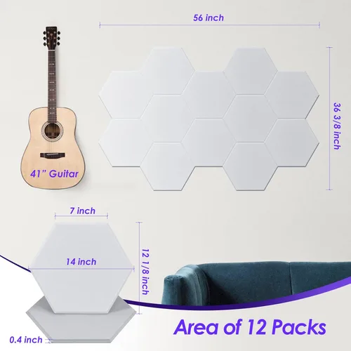 Miniatura 2 de Paneles acústicos, paquete de 12 paneles de pared autoadhesivos insonorizados hexagonales, 14 x 12 x 0.4 pulgadas, paneles de pared acústicos