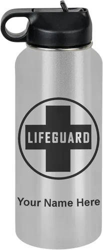 Miniatura 77 de LaserGram Botella de agua personalizada, salvavidas, acero inoxidable de doble pared aislada al vacío con popote superior, regalo grabado Negro