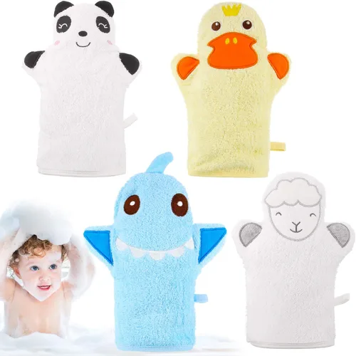 Shappy 4 piezas de guantes de baño para bebé, guantes de panda para niños, toallas suaves para niños, diseñados en lindo animal, pato amarillo,