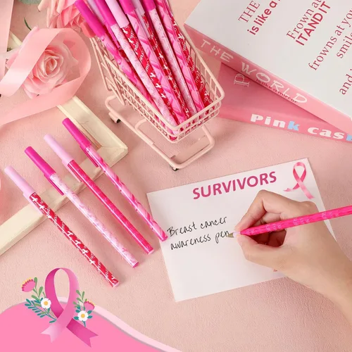 Miniatura 3 de JANYUN Bolígrafos de cinta rosa, accesorios para concientización sobre el cáncer de mama, 26 bolígrafos de gel rosa de tinta negra, bolígrafos a